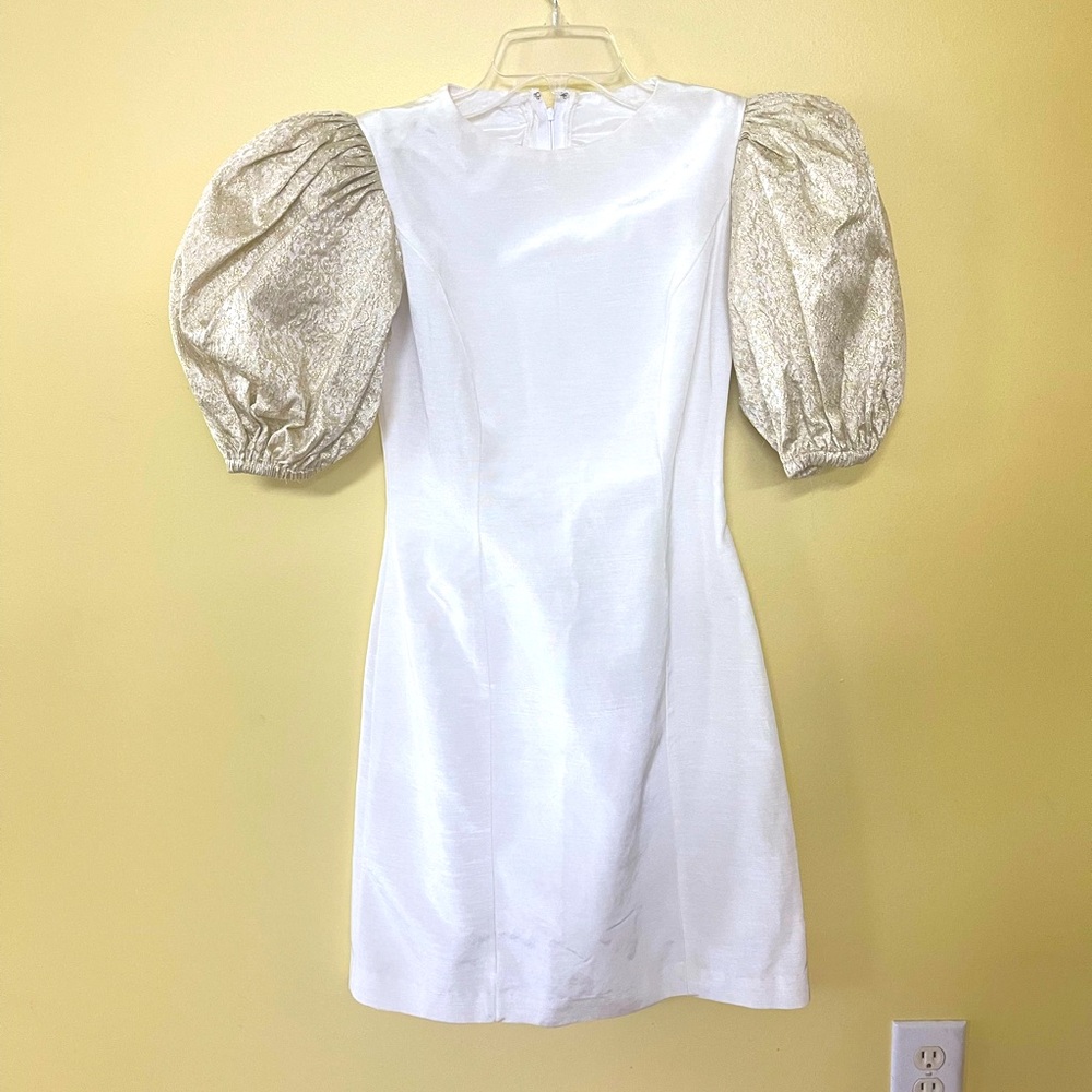Prom HOCO Dress White Gold Metallic Puffed Sleeves Custom See Measurements EUC